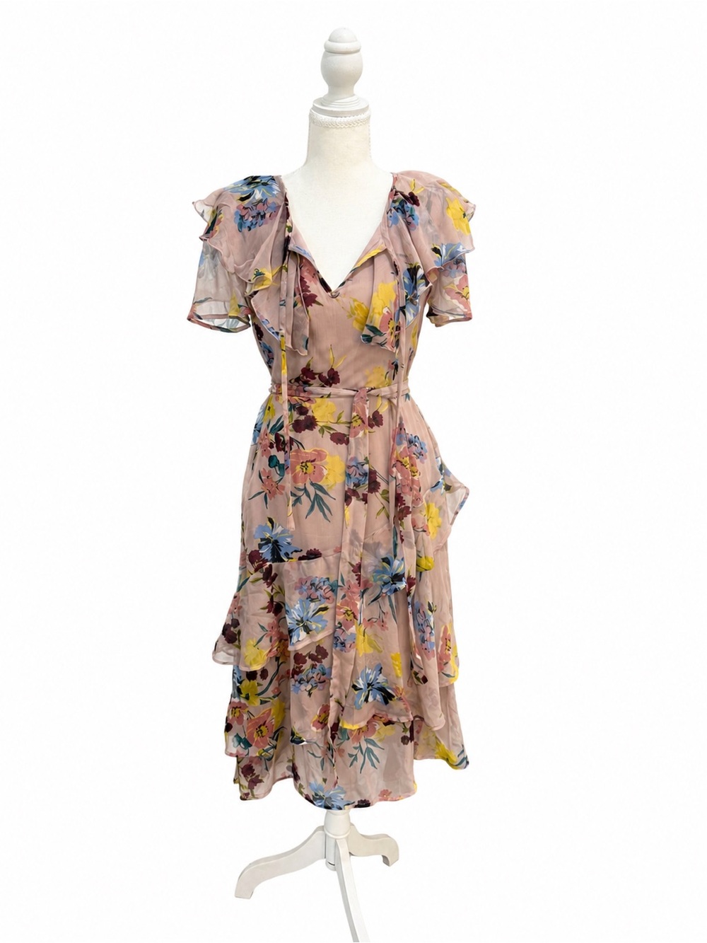 Band of Gypsies Floral Ruffle Midi Dress NWT Pink Boho Cottagecore XS